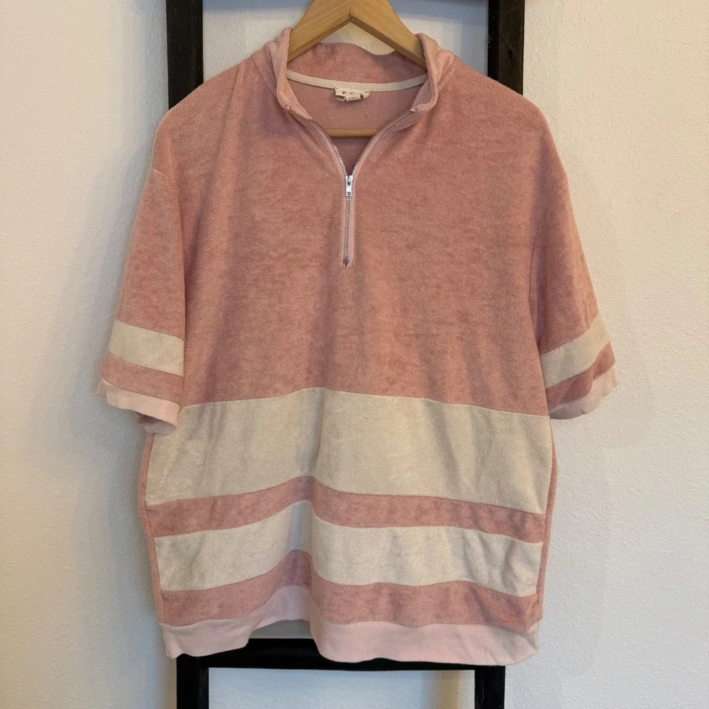 POL Pink Cream Striped Terry Cloth Quarter Zip Short‎ Sleeve Top S/M - Picture 2 of 6